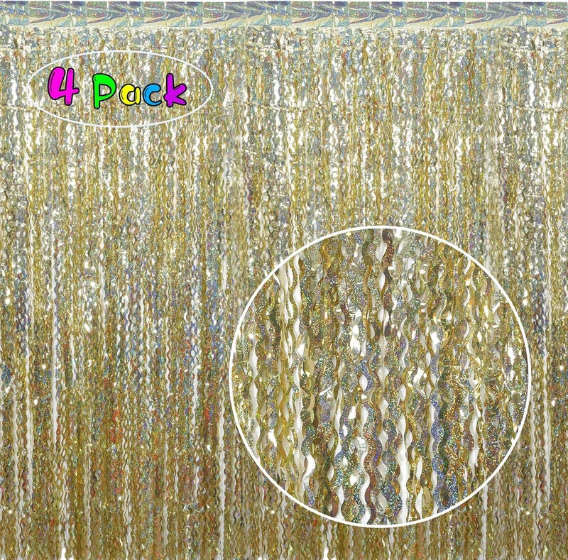 KEEUH 4 Pack Wavy Sparkle Champagne Gold Metallic Tinsel Foil Fringe Curtains Photo Booth Backdrop | Gold Streamer Backdrop for Holiday Celebration Bachelorette Party Decorations - Image 2